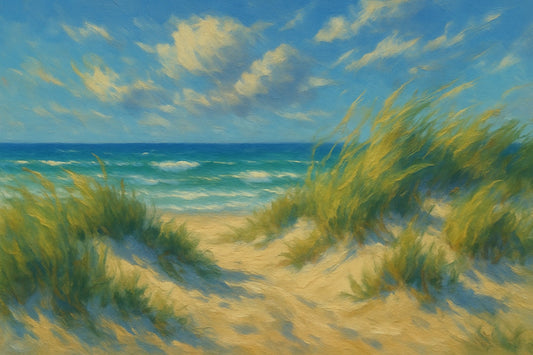 Wind Through the Dunes coastal canvas wall art – fine art seascape print by Alexandra Sachs.
